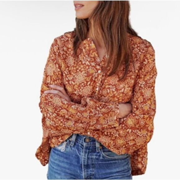 NWT Sundry Blouse Womens 3 Large Curry Sienna Floral Long Sleeve Button Front - Picture 1 of 11